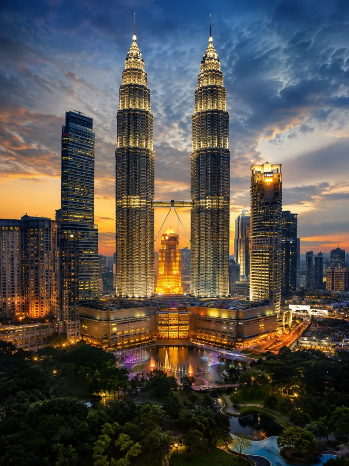 Petronas Twin Towers illuminated at sunset