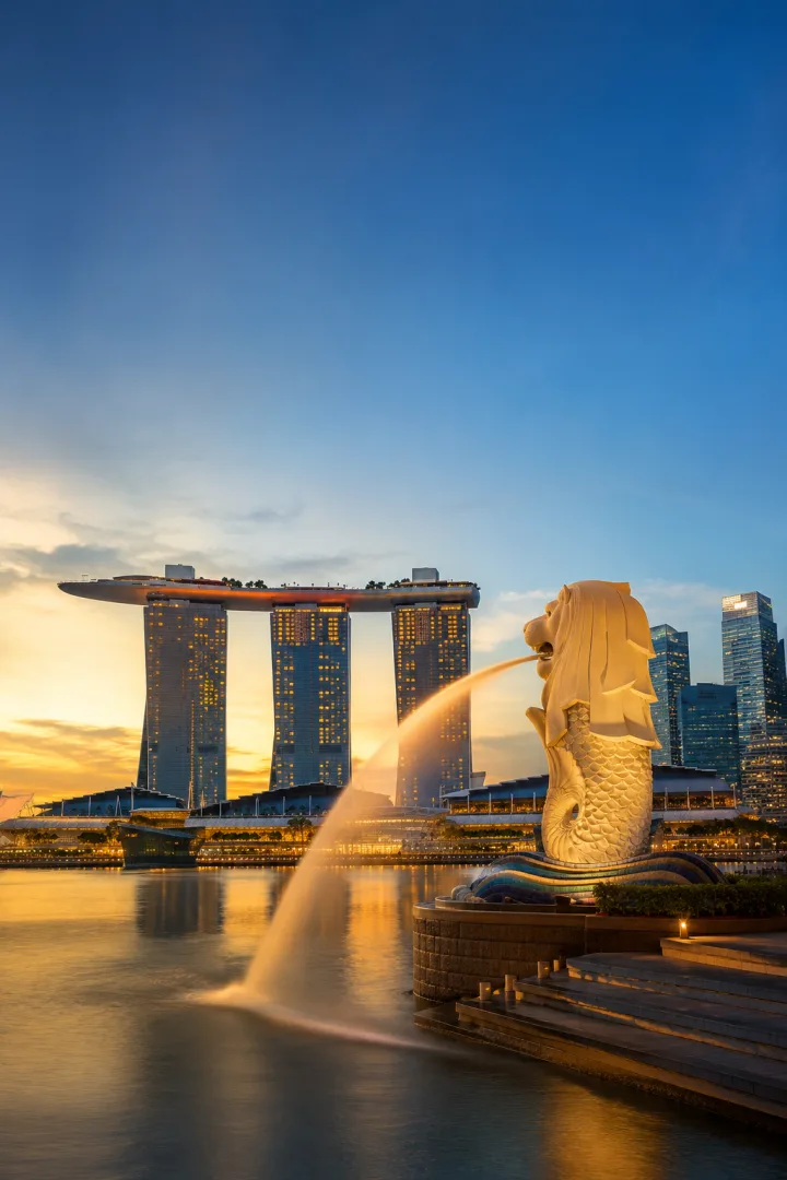 Singapore skyline and Merlion at sunset