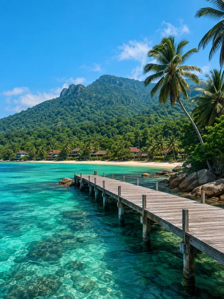 Tioman Island beach and wooden jetty